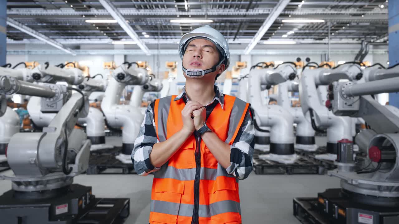 Worried Factory Worker in Front of Robots