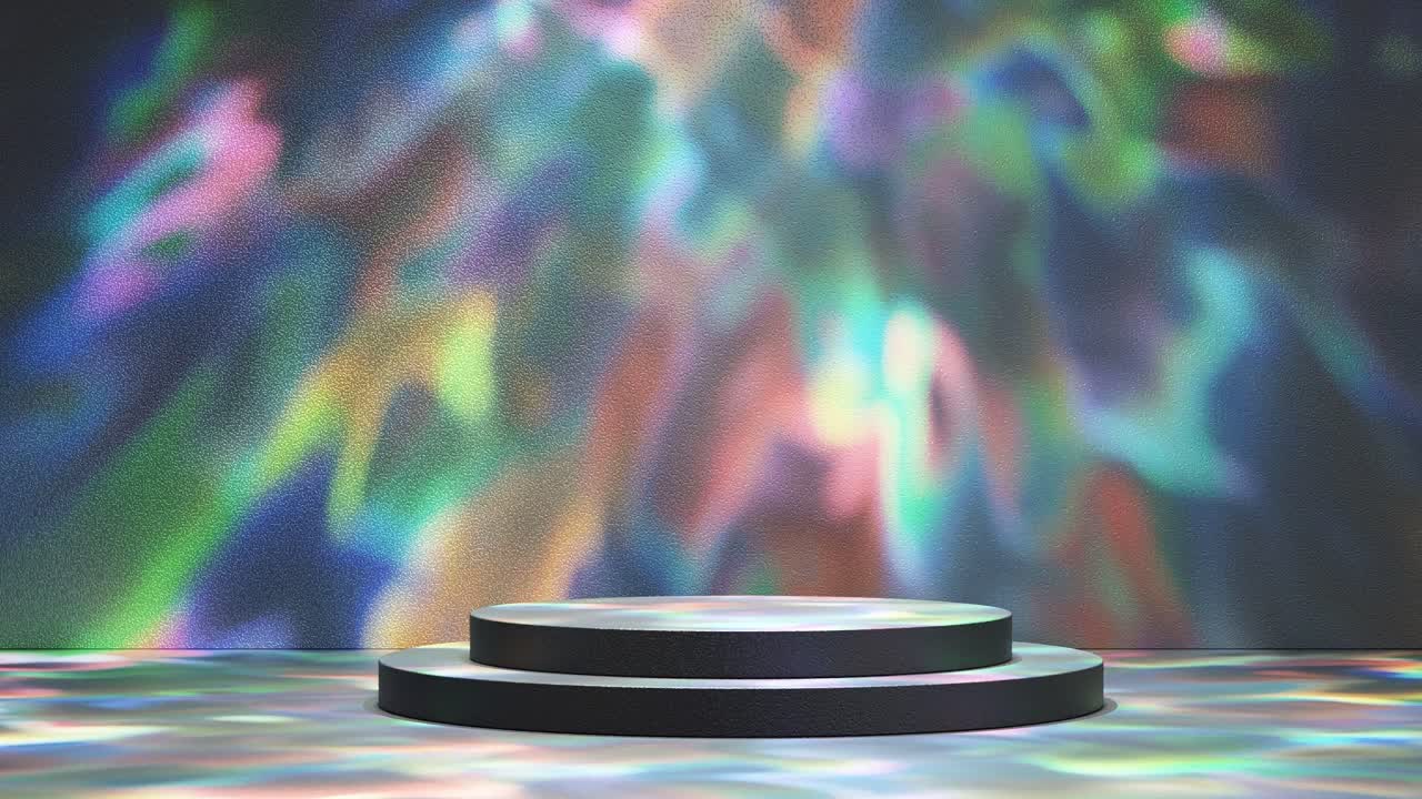 exhibición de producto para venta de comercio electrónico descuento con fondo líquido animación de renderización 3d tropezando arco iris psicodélico negro oscuro