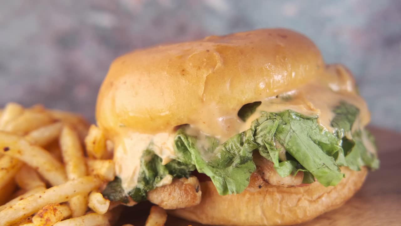 hamburguesa de pollo y papas fritas