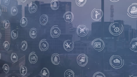 animation of multiple digital icons and light spot against aerial view of cityscape