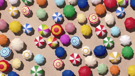 paraguas de playa en la playa de arena sin costuras colorida vista superior. muchos hermosos paraguas de diferentes colores en la orilla del mar día soleado de drone animado en bucle 3d. concepto de vacaciones de verano.