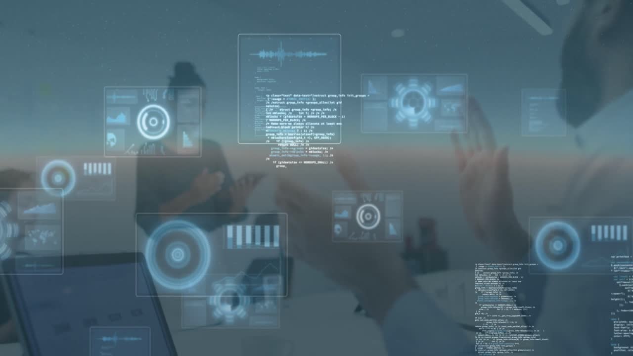 animación del procesamiento de datos sobre una mujer de negocios que da una presentación en una conferencia de negocios