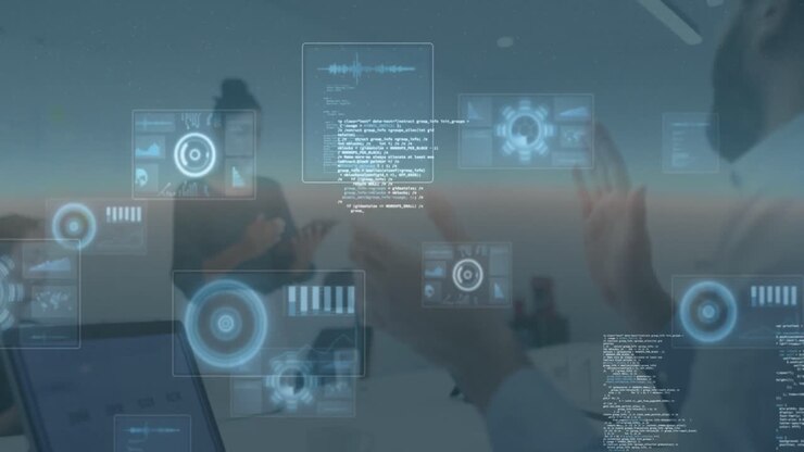 Animation of data processing over businesswoman giving a presentation at business conference