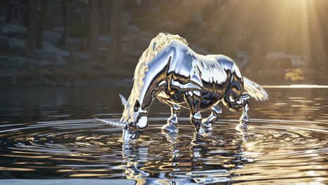 metallic unicorn drinking water in a serene lakeside setting