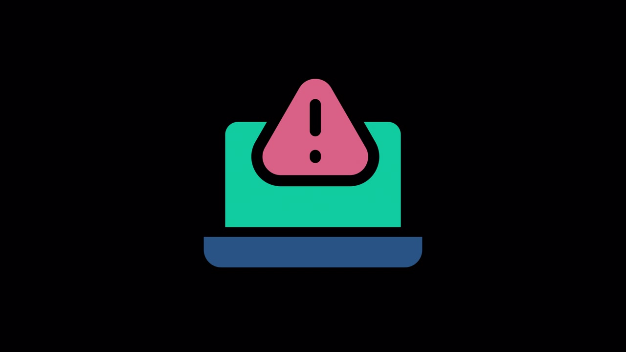 Animated Laptop Icon with Warning Symbol and Digital Glitch Effect