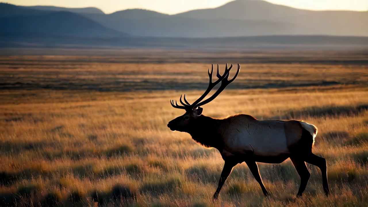 Majestic Elk Silhouette in a Golden Field at Sunset