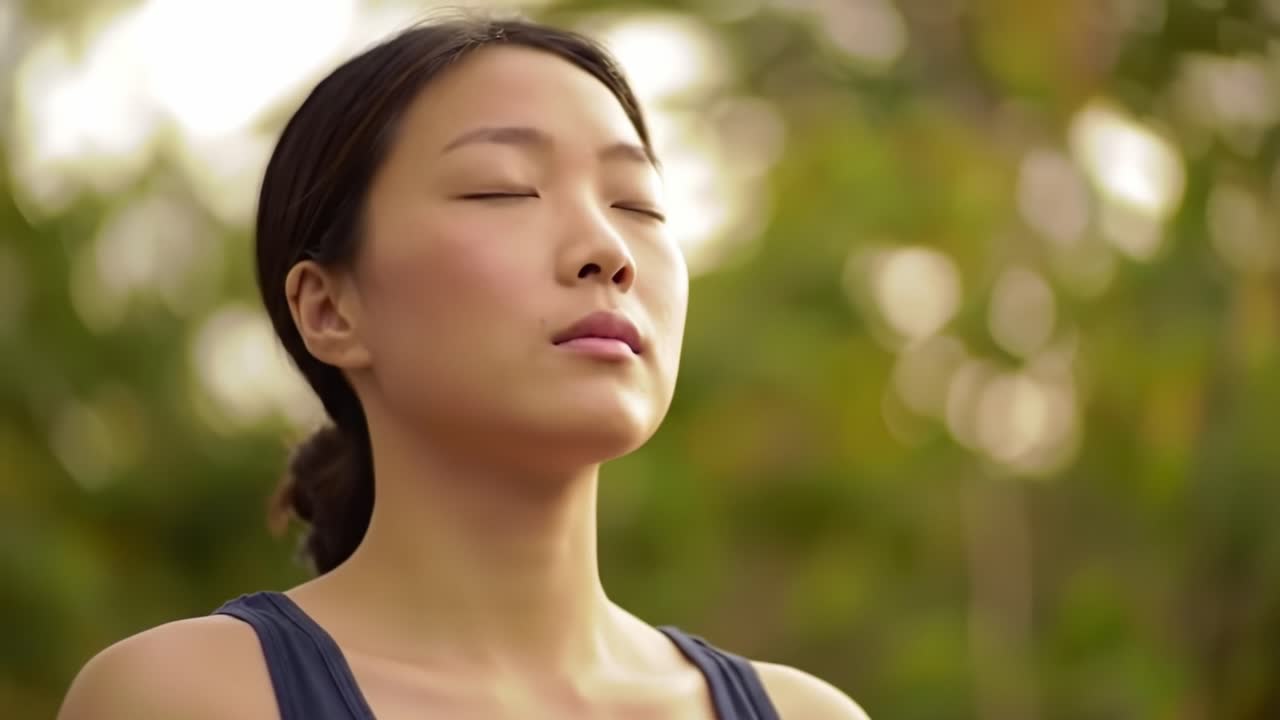 A Serene Moment of Mindfulness: Capturing the Tranquility and Inner Peace of a Young Woman Engaging in Meditation Amidst Nature's Embrace with Closed Eyes