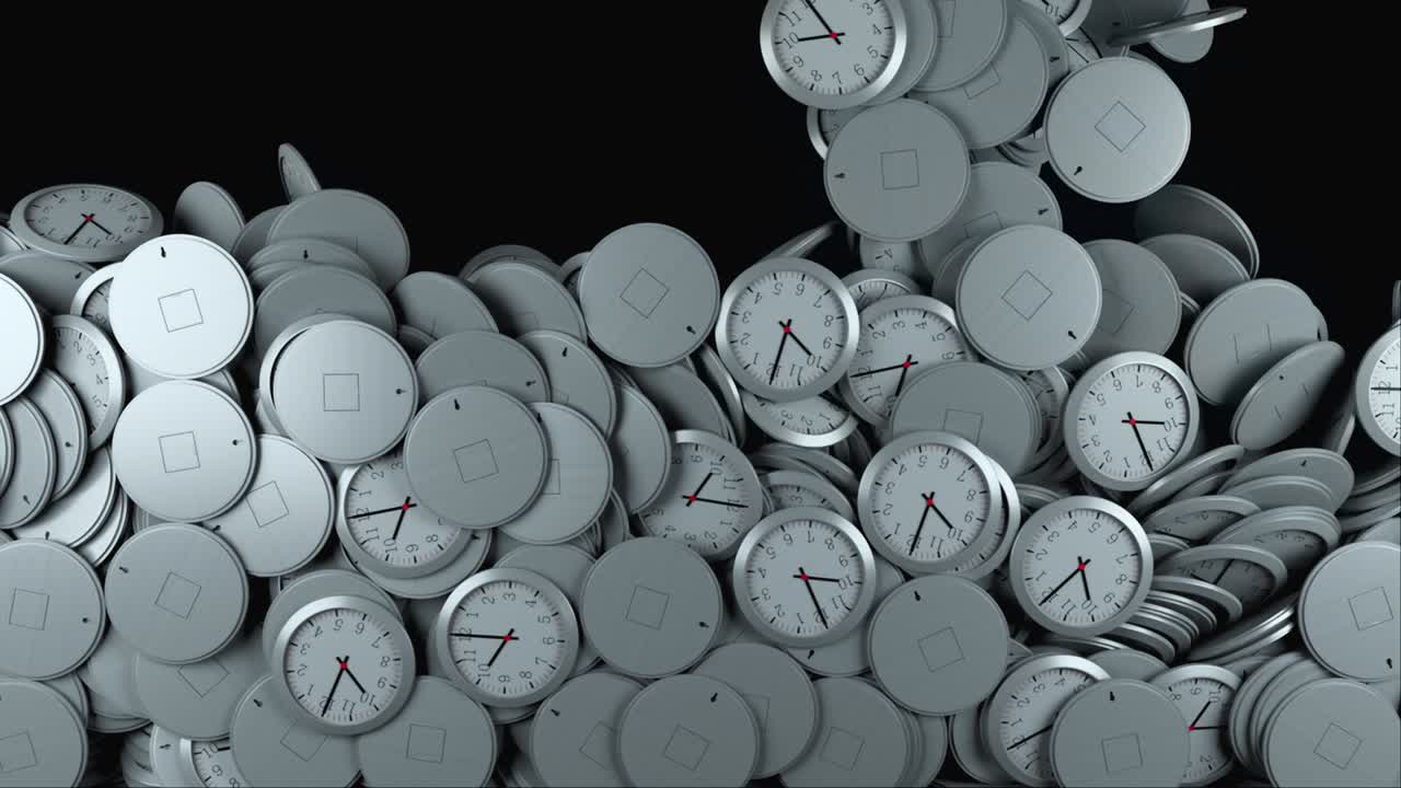 3D rendering of modern background. Computer generated animation many wall clocks fall on top and fill the screen