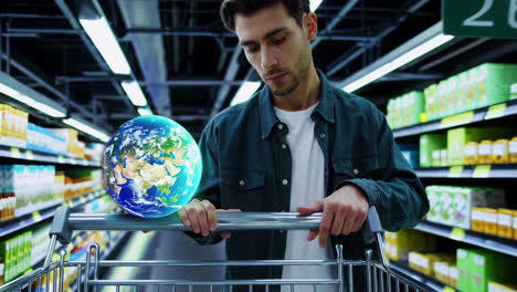 man shopping with globe in cart