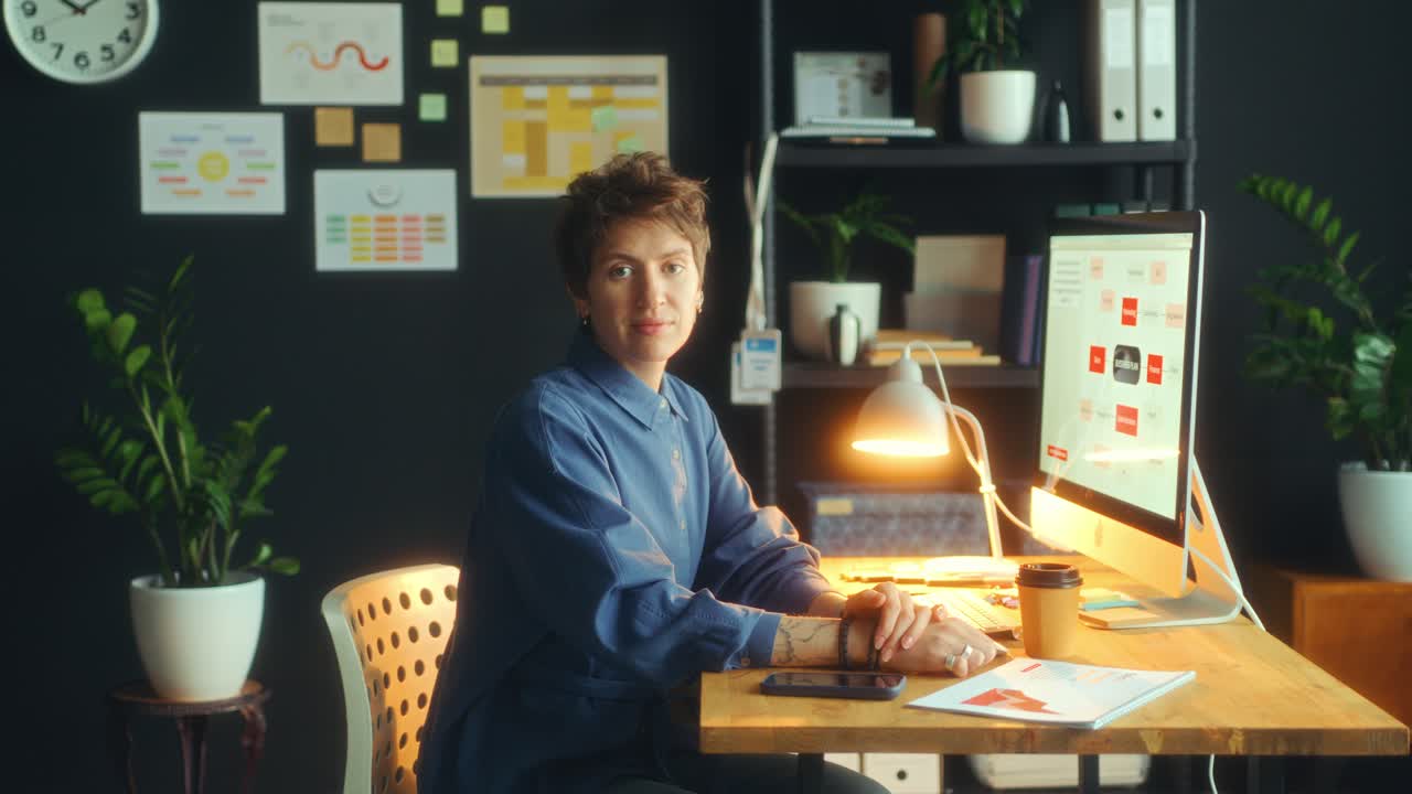 Portrait of Young Businesswoman Posing on Camera at Office Desk