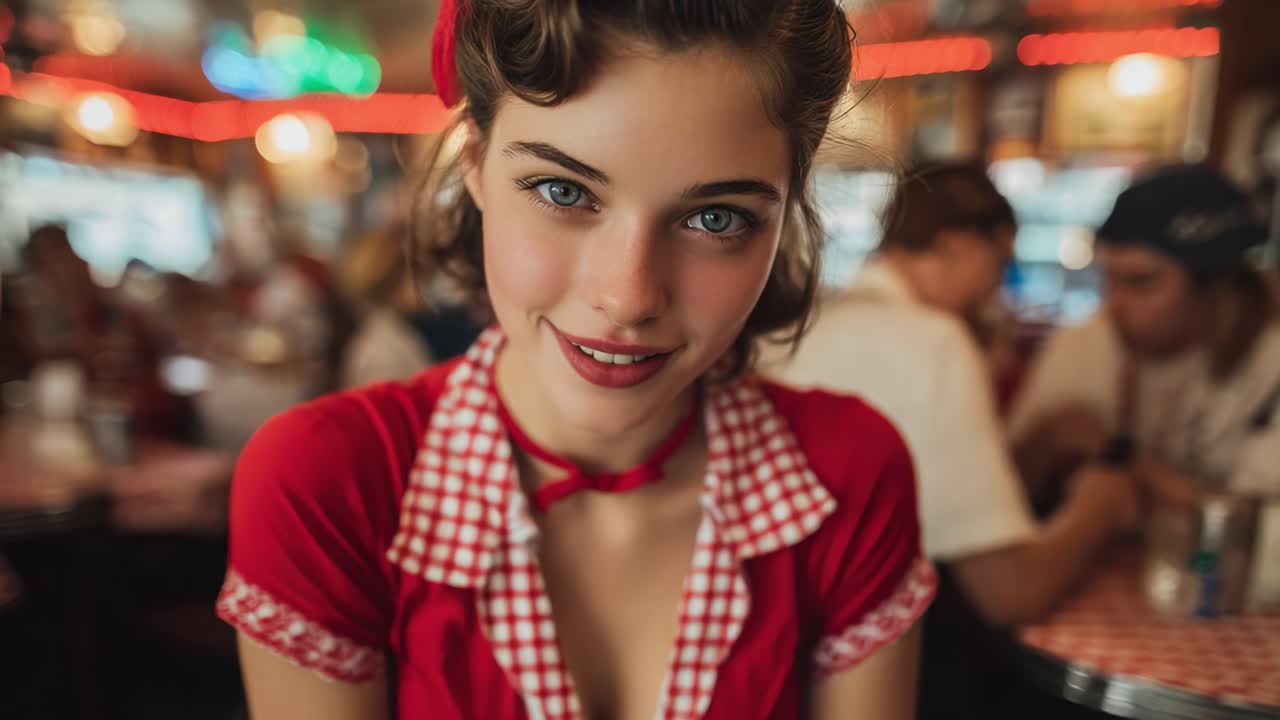 Retro bir lokantada vintage kıyafetleri içinde büyüleyici genç kadın, renkli sosyal etkileşimlerle dolu arka planda kendine güven ve neşe saçıyor