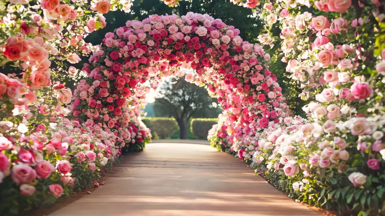 Un vialetto fiancheggiato da molte rose rosa e bianche