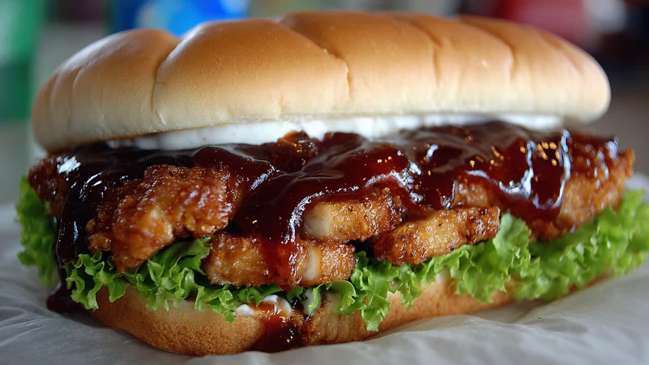 Deliciously Crafted Chicken Sandwich with Crispy Fried Chicken, Fresh Lettuce, and Savory BBQ Sauce Surrounded by a Soft Roll, Perfect for Any Meal or Snack Time