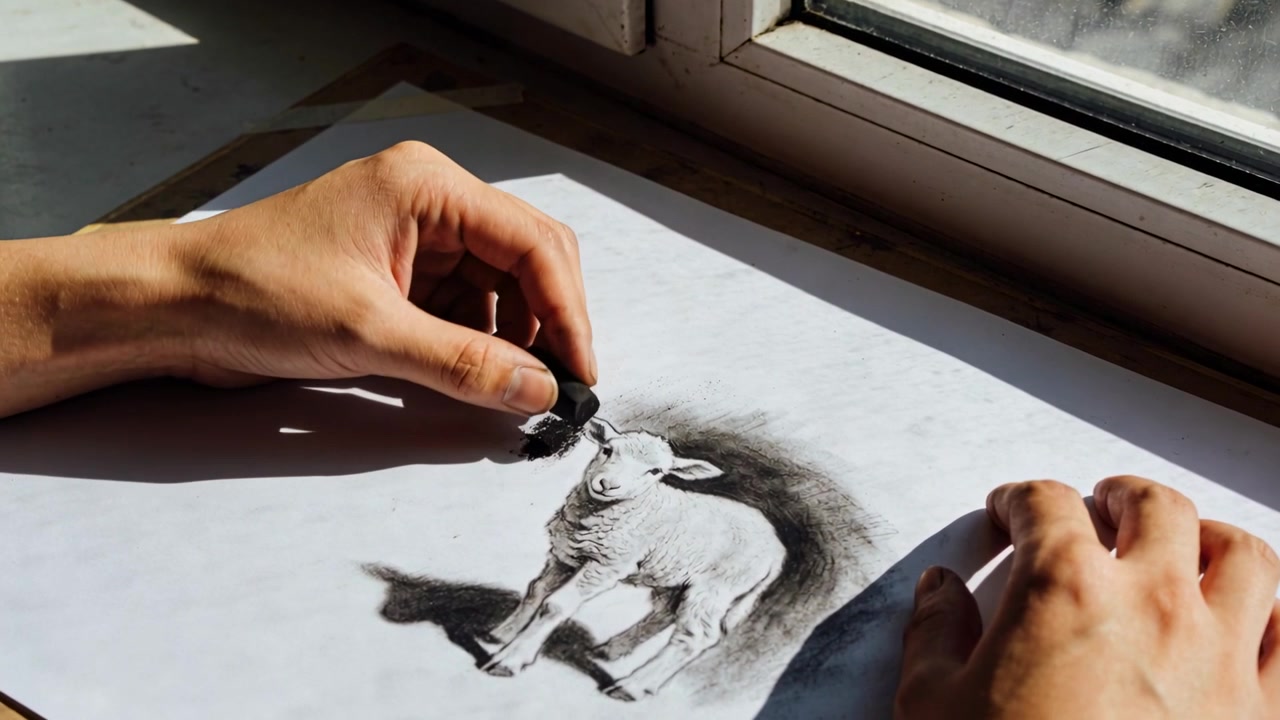 Lifting kneaded eraser, bare arms lifting highlights on lamb sketch at window table deepening tones