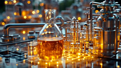 laboratory setup showing glassware and equipment during chemical processing