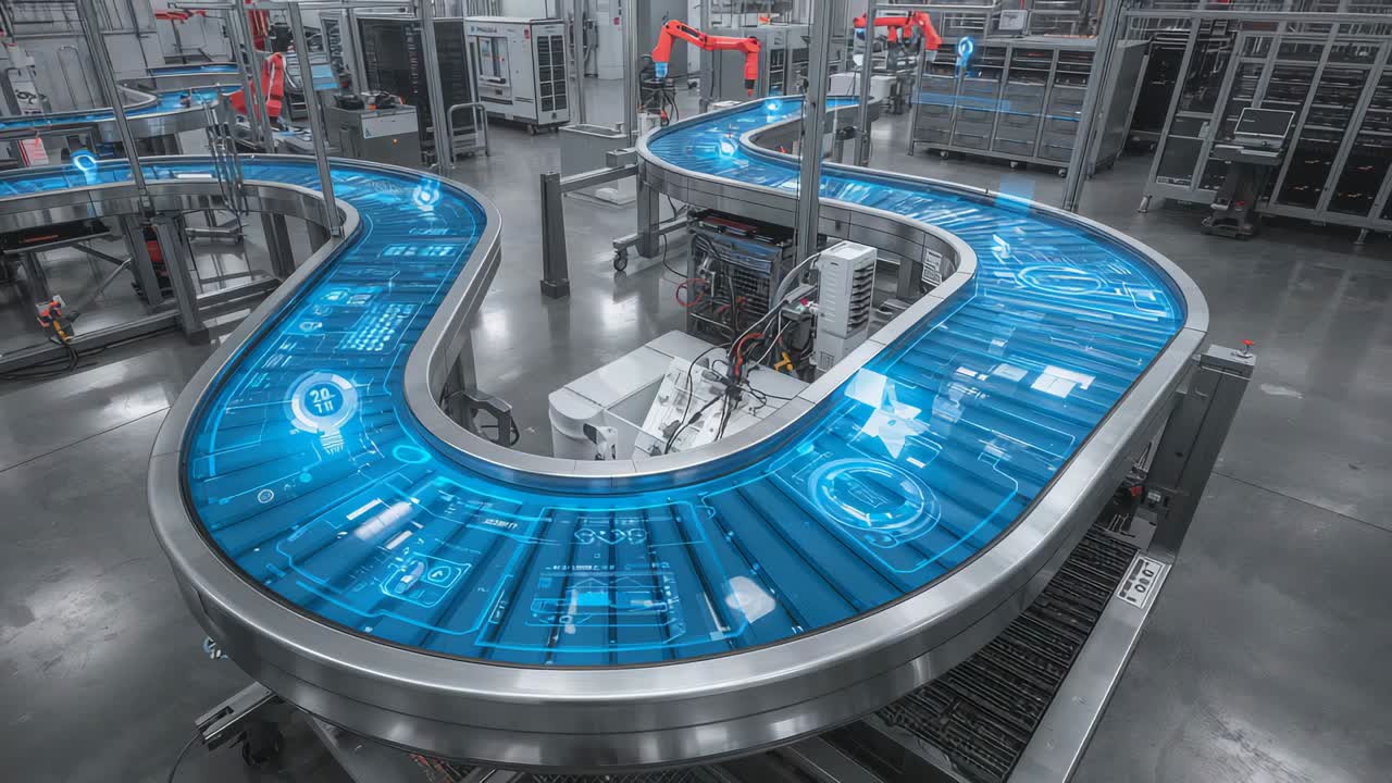 Moving S-shaped conveyor carrying blue overlay through factory for line flow, red robotic arms