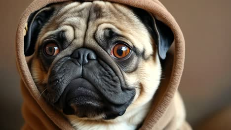 un perro pug con una sudadera marrón sentado en un sofá