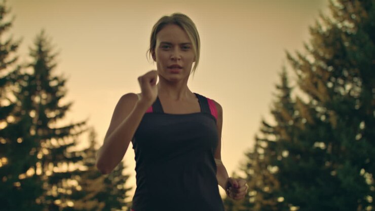 спортивная женщина бежит в парке на закате. уставший бегун останавливается на перерыв на парковой дороге.