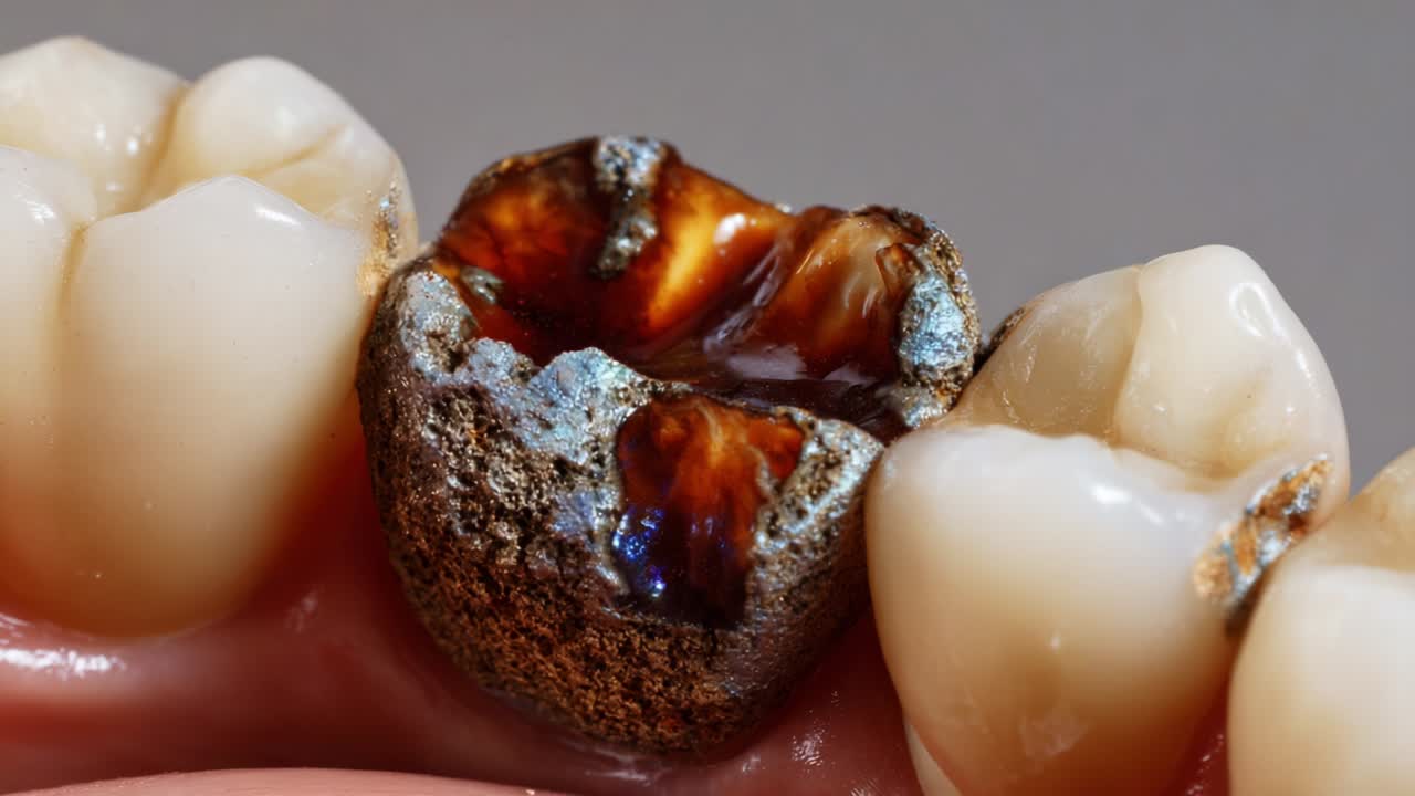 Detailed Close-up of a Dental Cavity with Decay Showing Distinct Layers and Textures, Illustrating the Importance of Oral Hygiene and Regular Dental Checkups for Preventing Further Deterioration