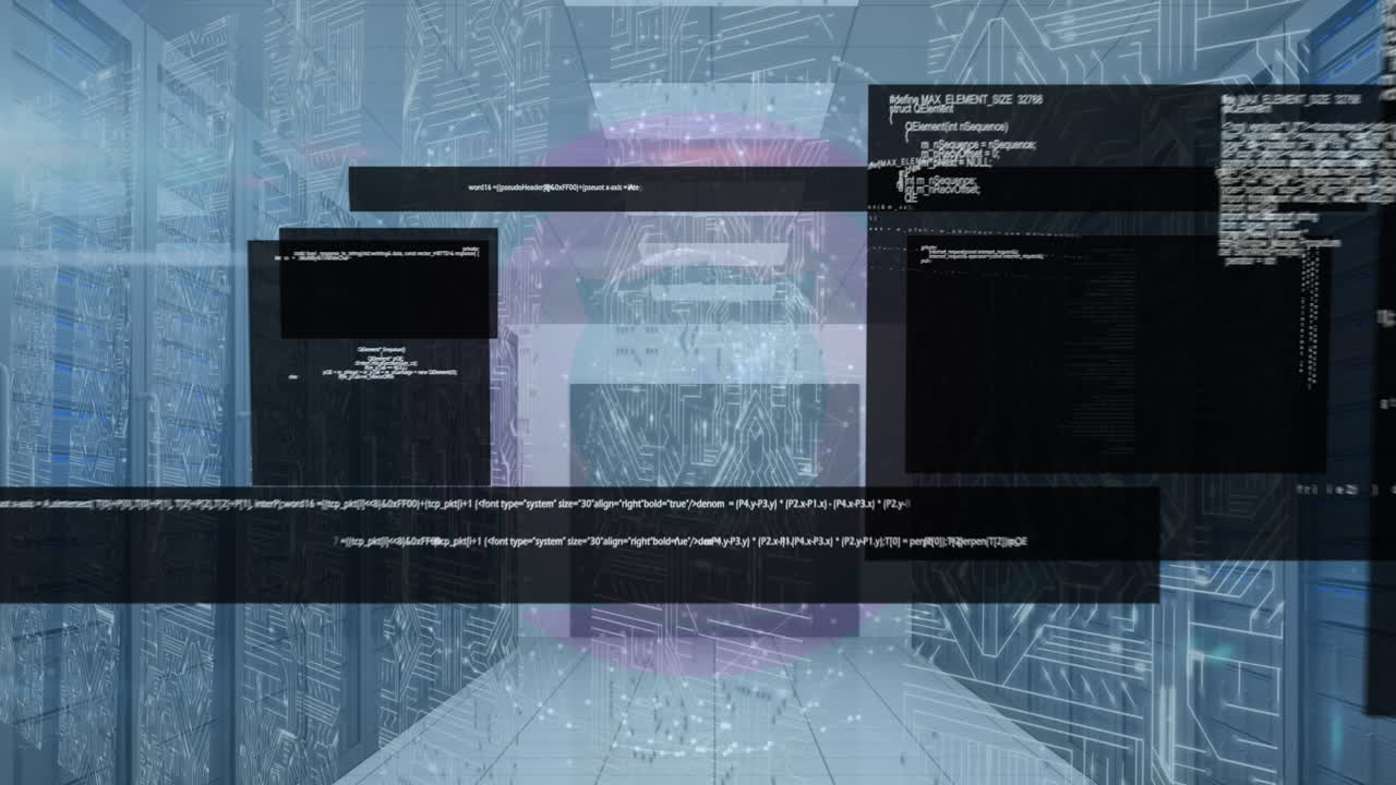 animación de pantallas con procesamiento de datos a través de conexiones de microprocesador contra la sala de servidores