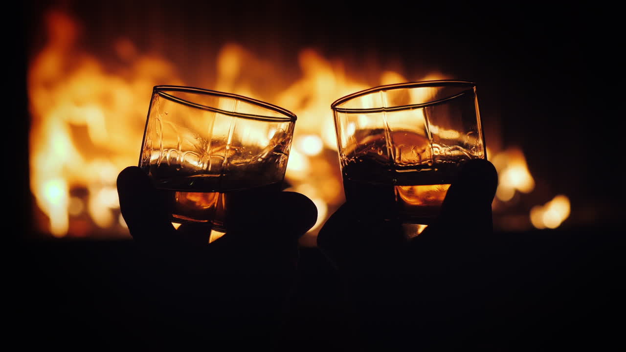 남자 손에 얼음이 든 위스키 두 잔 벽난로의 불이 음료수에 반사된다