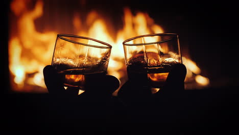 Zwei-Gläser-Whisky-Mit-Eis-In-Männlichen-Händen-Das-Feuer-Aus-Dem-Kamin-Spiegelt-Sich-Im-Getränk