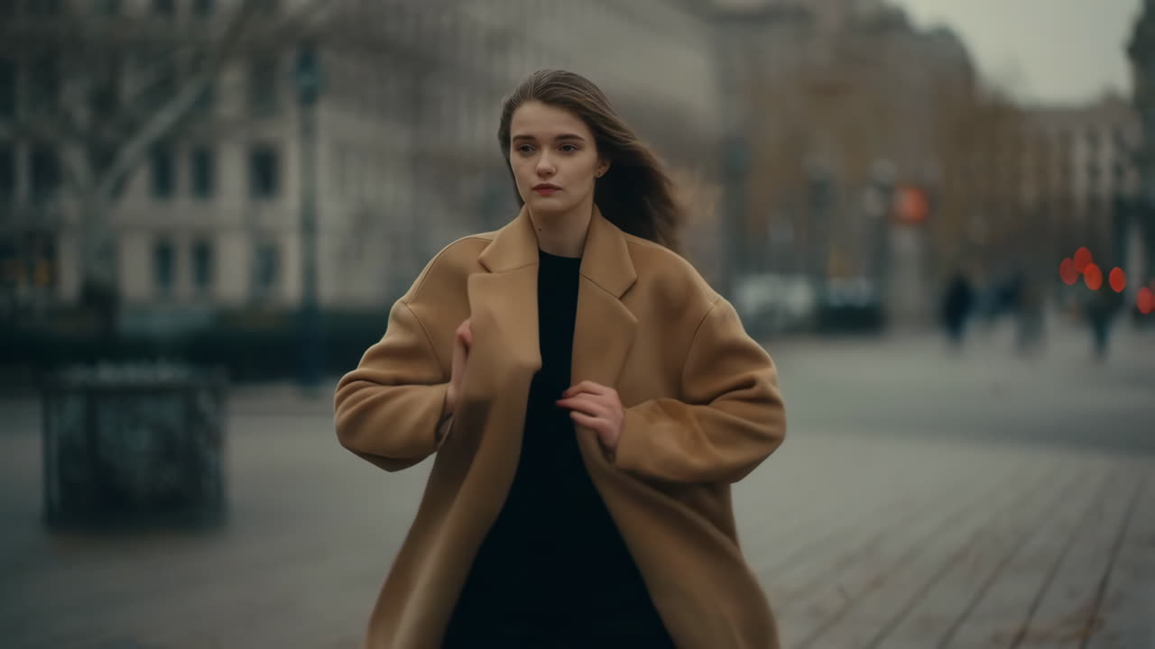Giovane donna che cammina in una strada cittadina con un cappotto beige
