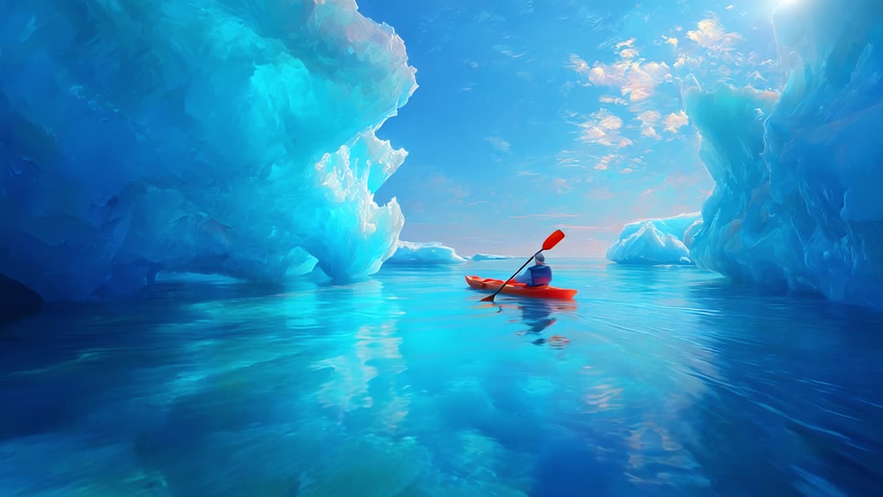 A serene journey through icy blue waters, as a solitary kayaker paddles amidst stunning icebergs under a vibrant sky, experiencing the breathtaking beauty of nature's wonders