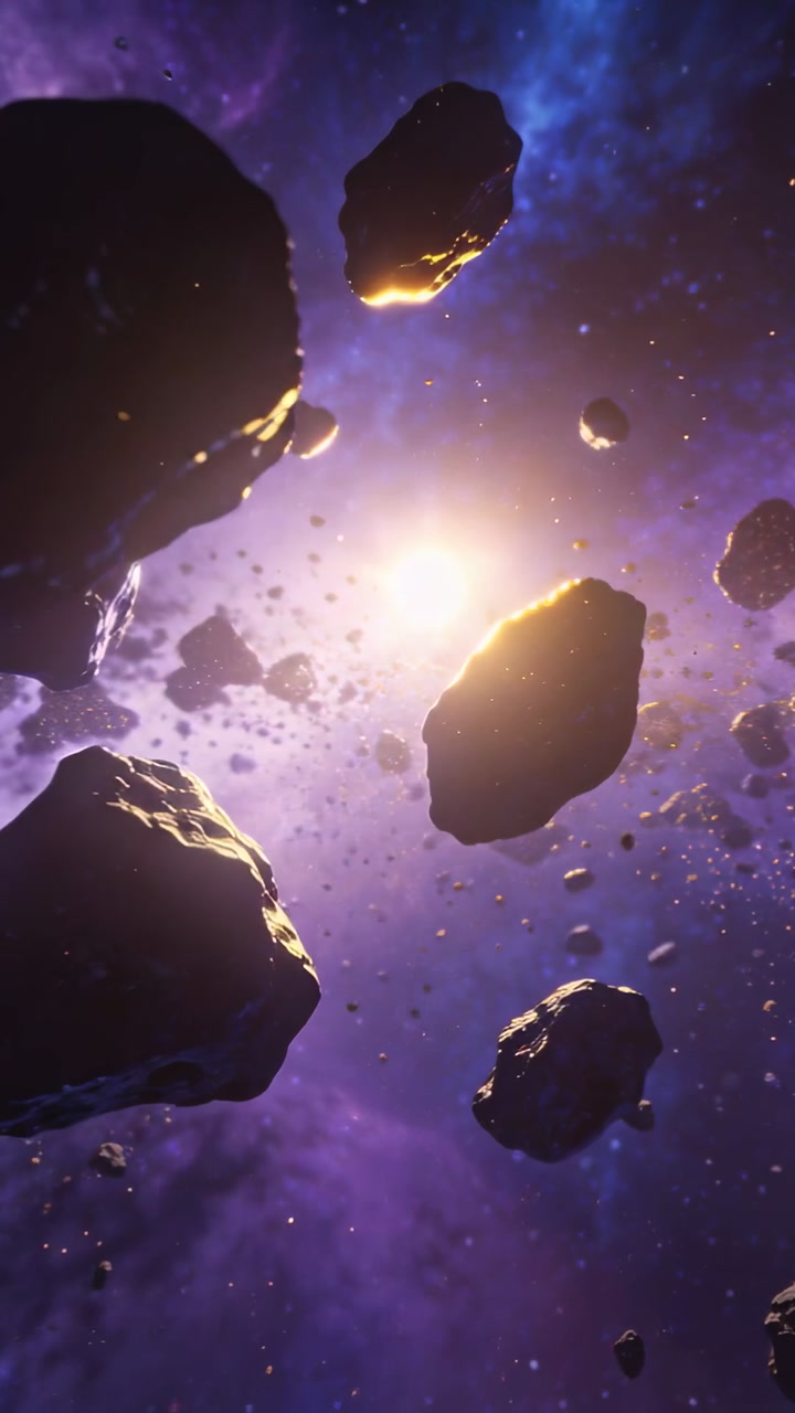 Vertical video: Starting camera flying to star inside purple nebula, revealing rim lit asteroids