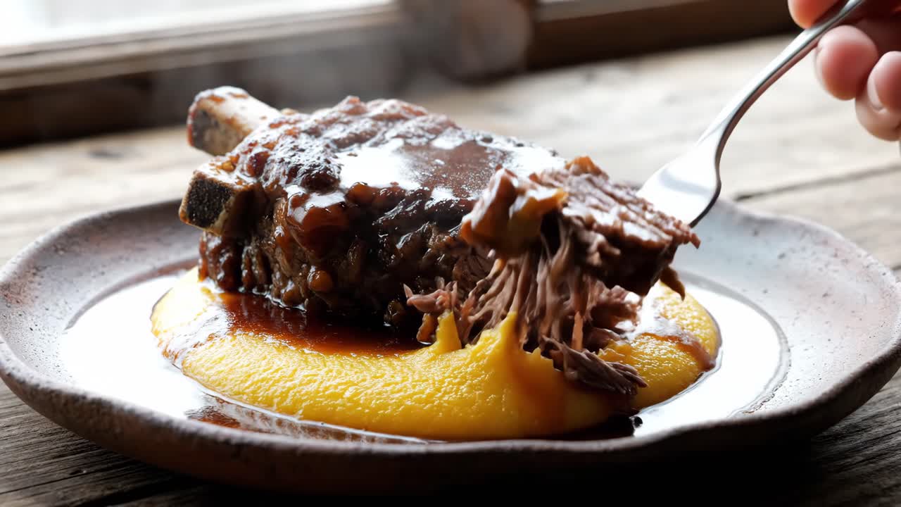Osso buco with polenta being eaten with a fork