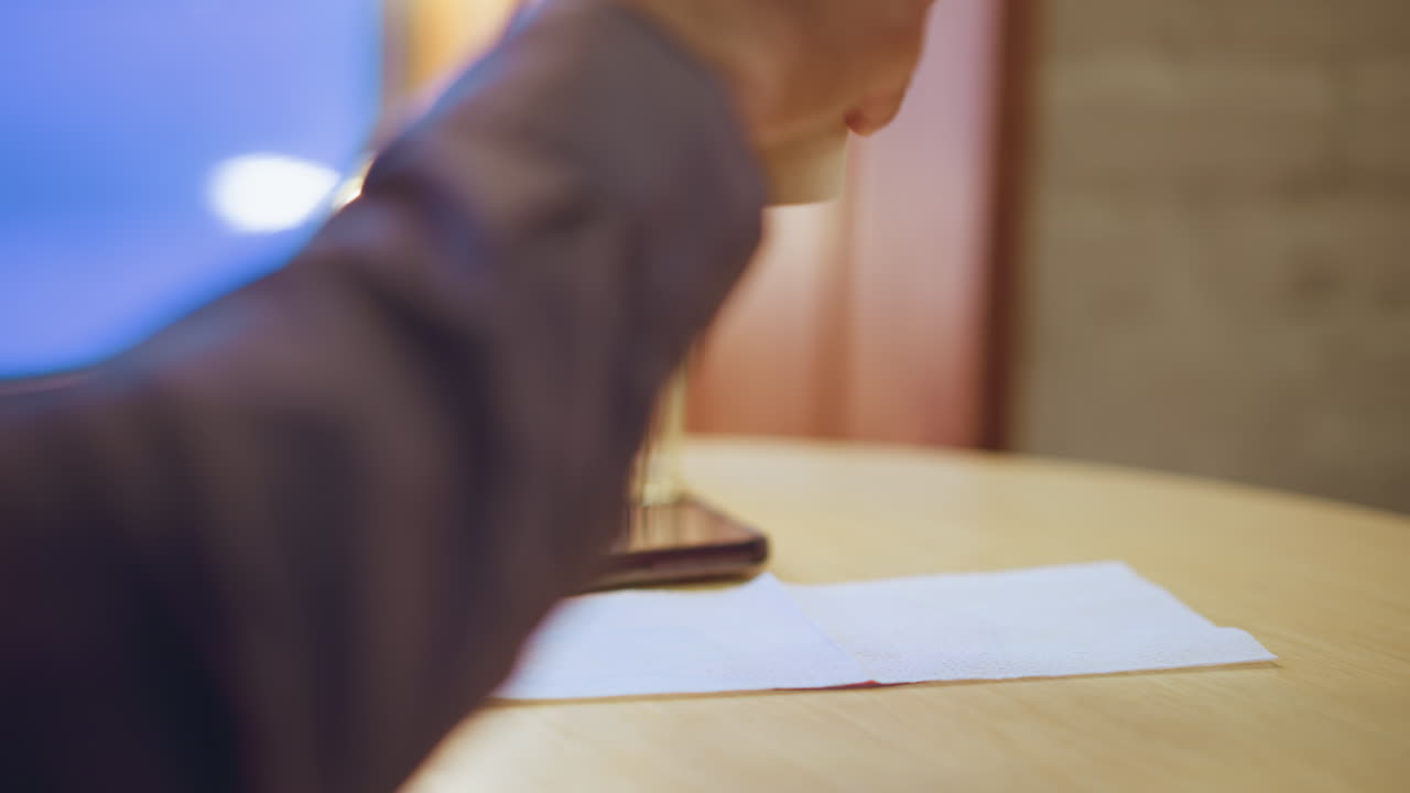 Man s arm in dark sleeve raised in foreground with soft focus, sitting at wooden table with single napkin and blurred metallic container in warm, ambient cafe lighting creating cozy relaxed atmosphere