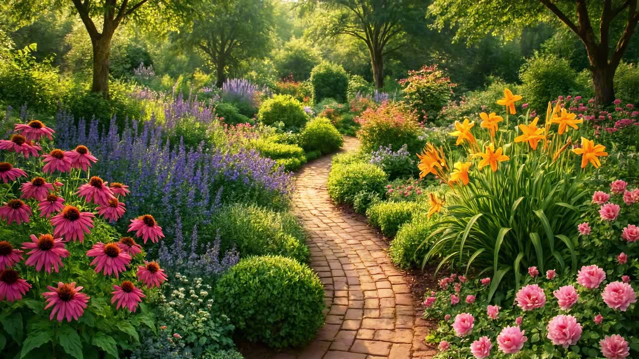 A serene garden path with vibrant flowers and lush greenery, captured from a low angle, perfect
