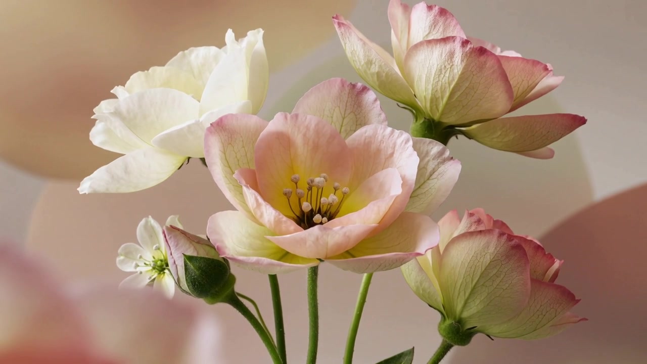Telecamera in movimento che inquadra un gruppo di fiori rosa-crema pallidi che si aprono in studio, mostrando la fioritura.