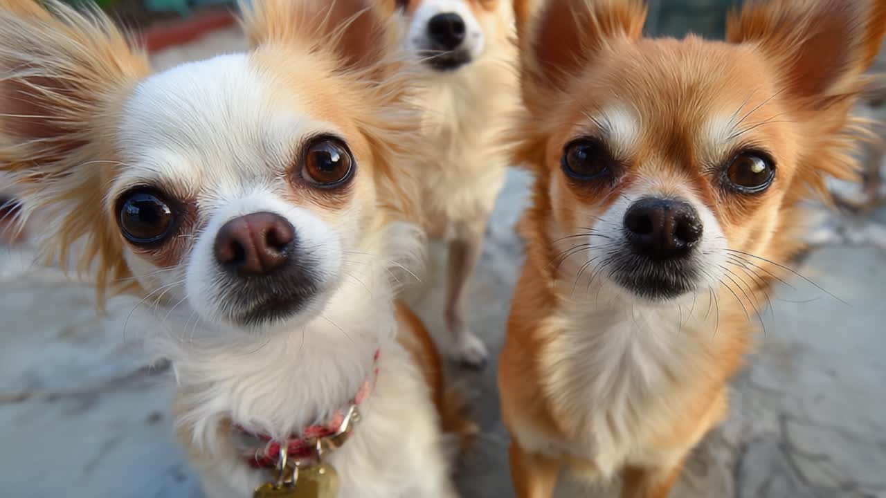 A Charming Trio of Adorable Chihuahuas Posing Together with Expressive Faces and Playful Personalities Captured in a Vibrant Outdoor Setting