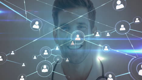 doctor presenting health network interface, showing glowing user icons connecting blue lines