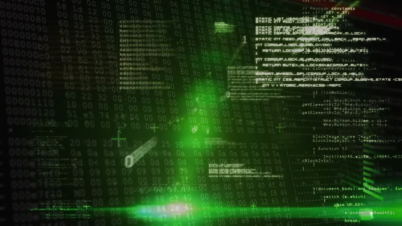 Opening on dark void, horizontal green beam sweeping, panels rotating visualizing data interface