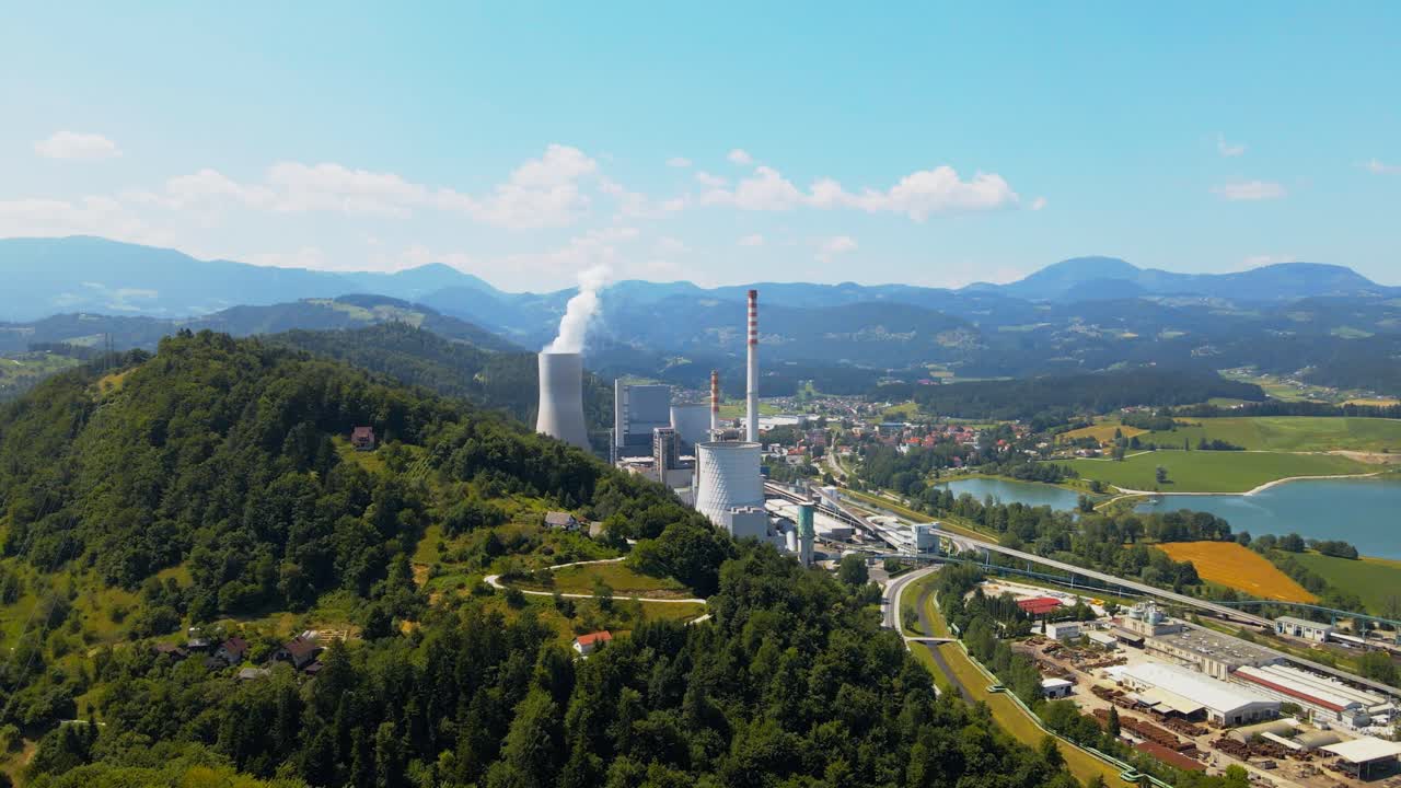 Aerial drone 4K drone footage view of &Scaron;ale&scaron;ka dolina, and Thermal Power plant in operation &ndash; &Scaron;o&scaron;tanj in Slovenia