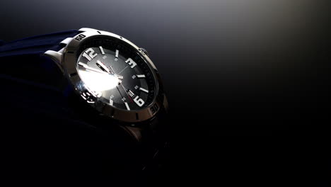 An-expensive-luxury-watch-on-an-isolated-dramatic-dark-black-background-with-lights-shining-reflections