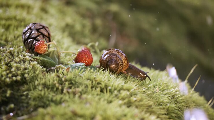 Close-up wildlife of a and wild strawberries and snail in heavy rain in the forest. Shot on super slow motion camera 1000 fps