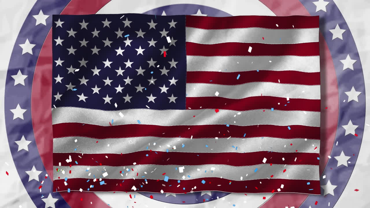 Coriandoli che cadono su bandiera americana sventolante su stelle multiple su cerchi rotanti.