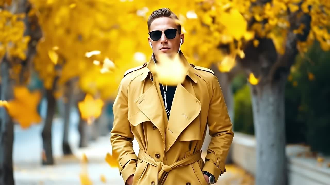 A man in a trench coat and sunglasses standing in a park