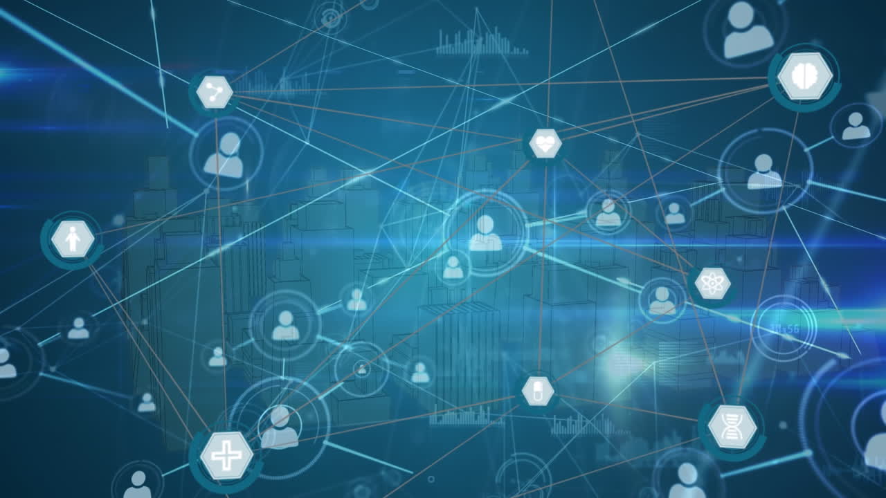 Animation of network of profile icons over 3d city model spinning against blue background