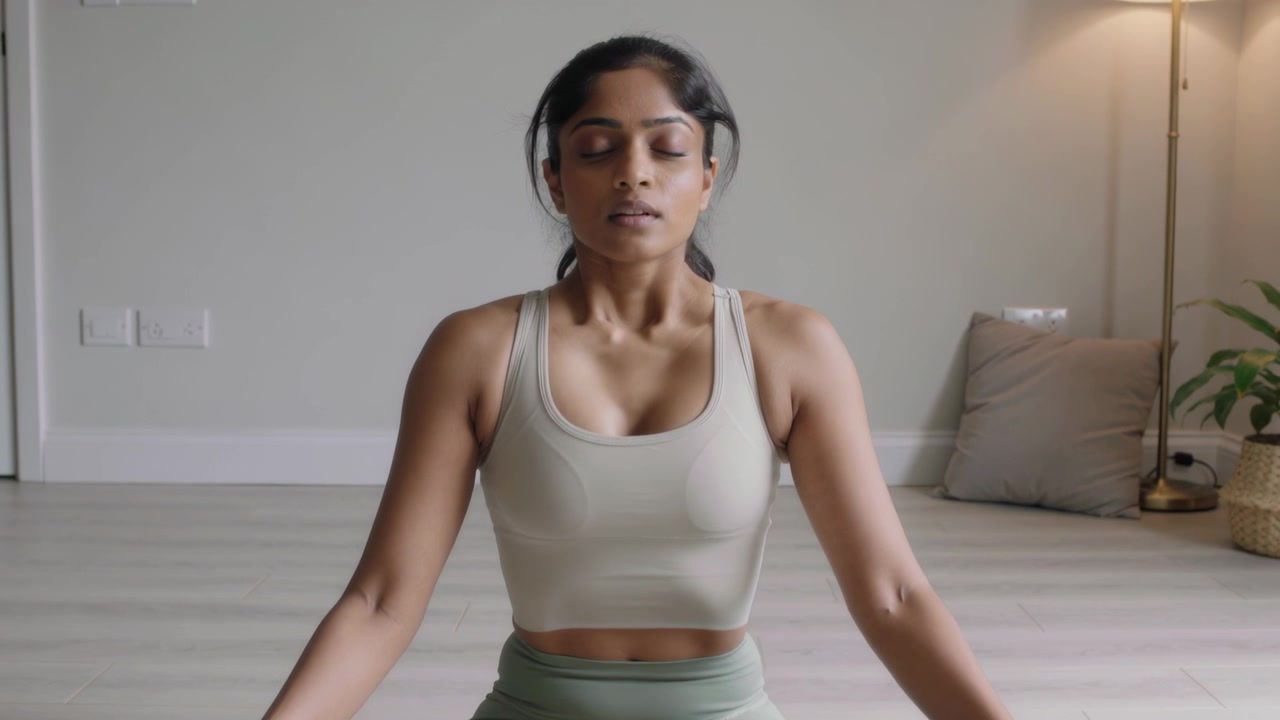 Mulher respirando, fechando os olhos e fazendo respirações calmas em um tapete de yoga em casa, usando leggings justas.