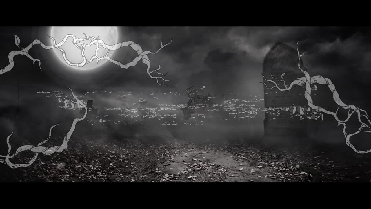 Animation of halloween greetings and branches over night sky background