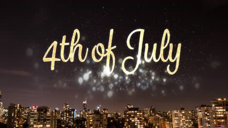 animation of fourth of july text over glowing lights and cityscape