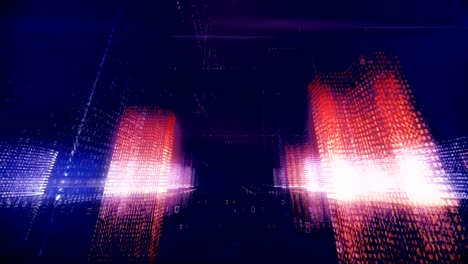 vuelo abstracto sin problemas en una ciudad digital virtual en un espacio de código binario, color púrpura