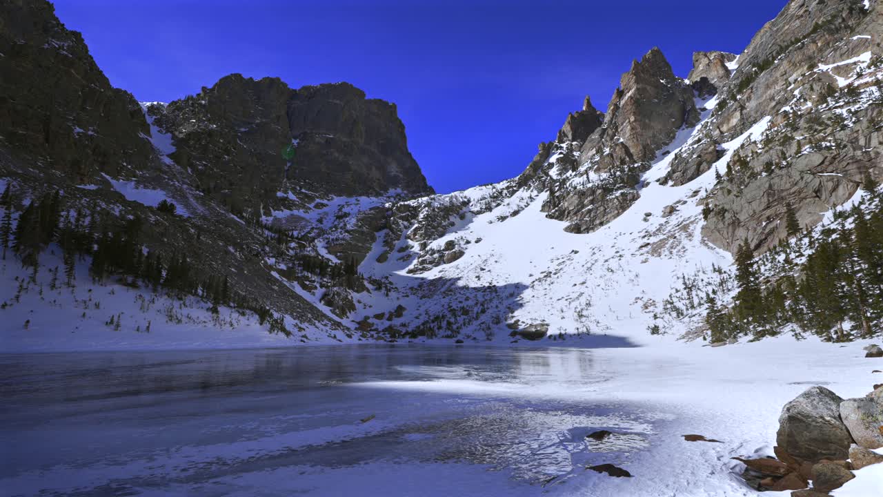 Rocky Dağları Milli Parkı (RMNP), Colorado'da, donmuş buz, karlı ve rüzgarlı kış manzarası. Güneşli havada çekilen havadan drone görüntüsünde, Hallett Zirvesi'nin mavi gökyüzü altında, soğuk ve rüzgarlı, yüksek alpin bölgesinde buzla kaplı Zümrüt Göl, Rüya Göl ve Bear Gölü parkuru.