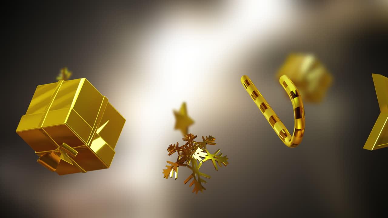 анимация рождественских золотых звезд, конфетовых тростников и подарков на сером фоне.