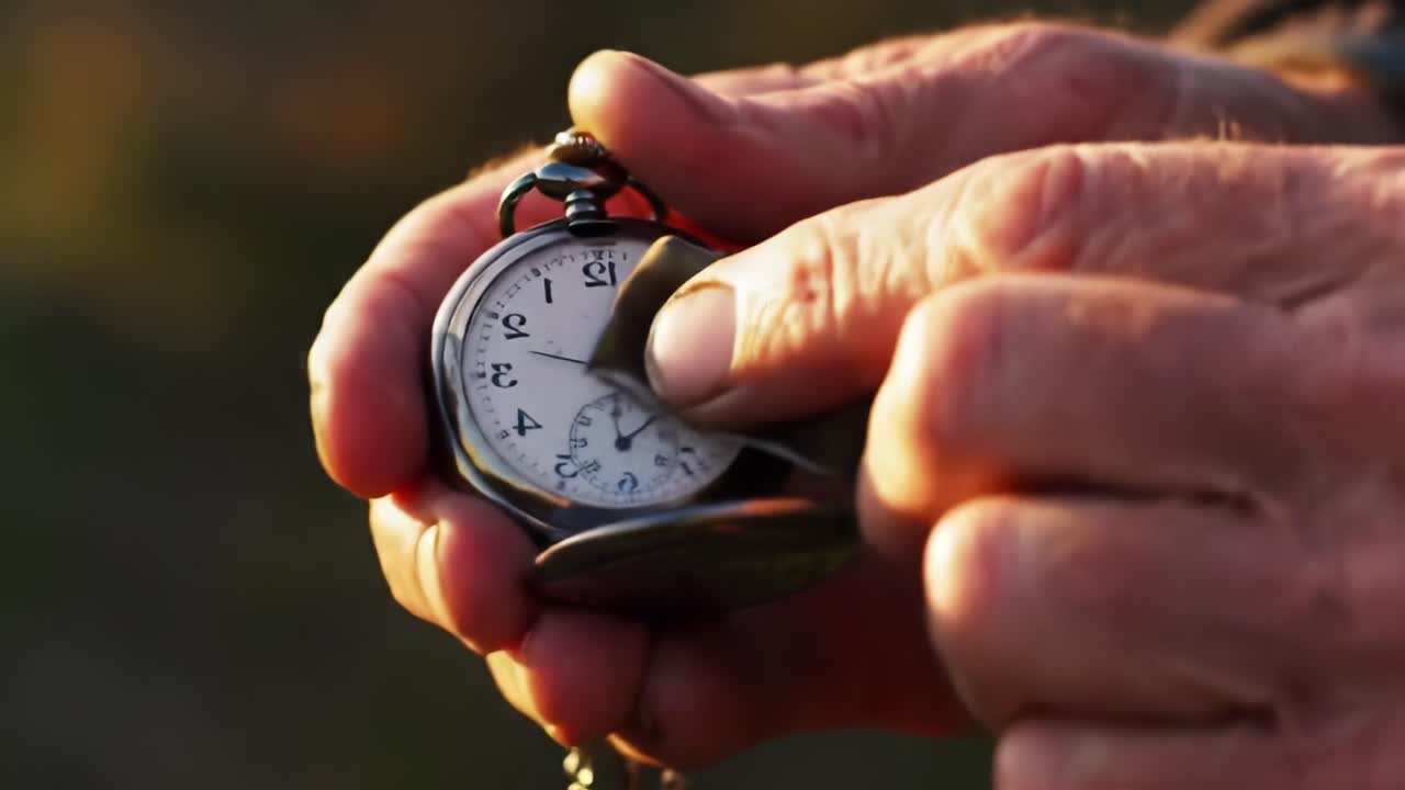 Primo piano di mani che modificano un orologio da taschino vintage, catturando l'essenza della misurazione del tempo e della precisione in una dolce ambientazione esterna