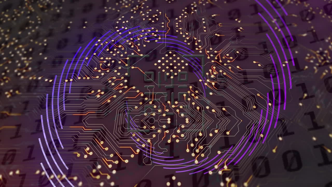 Neon pink qr code scanner against microprocessor connections and binary coding data processing